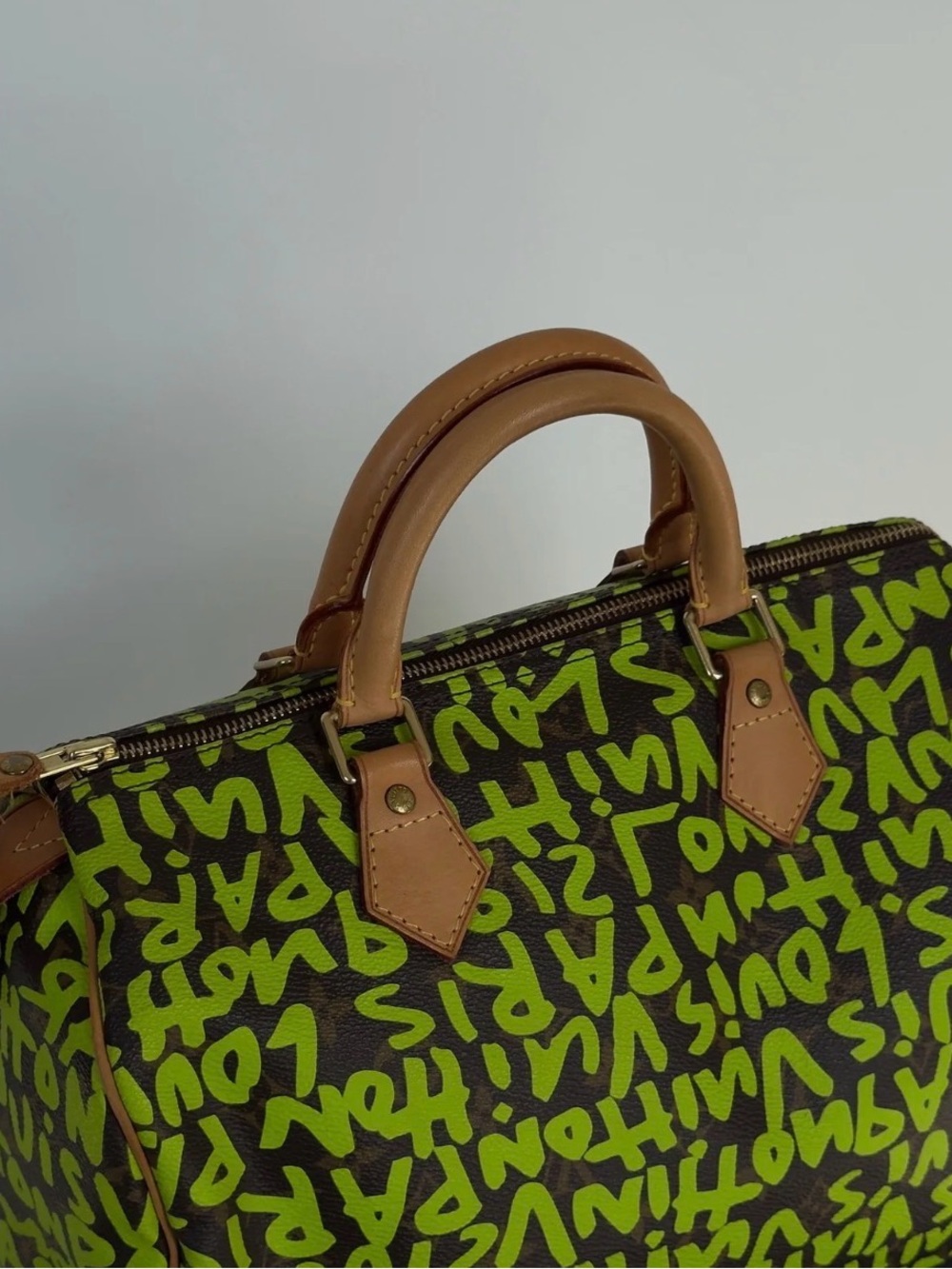 Louis Vuitton Brown Satchel with Neon Green Graffiti and Tan Handles - Picture 5 of 8